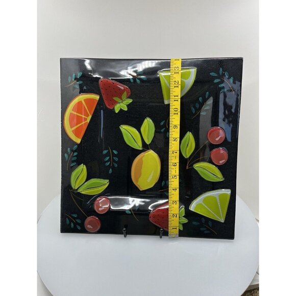 Large 14" Recessed Square Platter Vibrant Fused Glass Fruit on Black Background - Picture 2 of 9